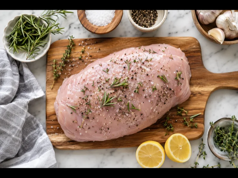 Pechuga de pavo cruda con hueso secada con toques sobre una tabla de cortar a temperatura ambiente