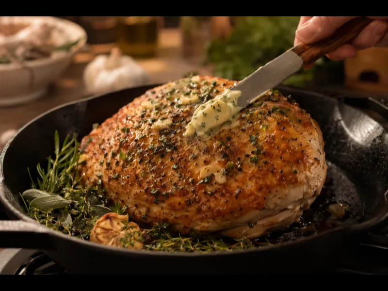 Pechuga de pavo sazonada con mantequilla de hierbas colocada sobre una rejilla de asado en una bandeja