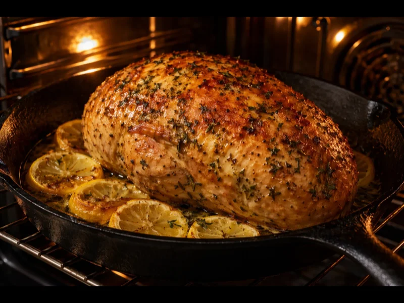 Pechuga de pavo dorada asándose en el horno con piel crujiente de mantequilla de hierbas