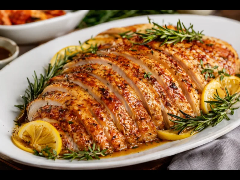 Pechuga de pavo asada fileteada en el plato con hierbas y piel dorada crujiente