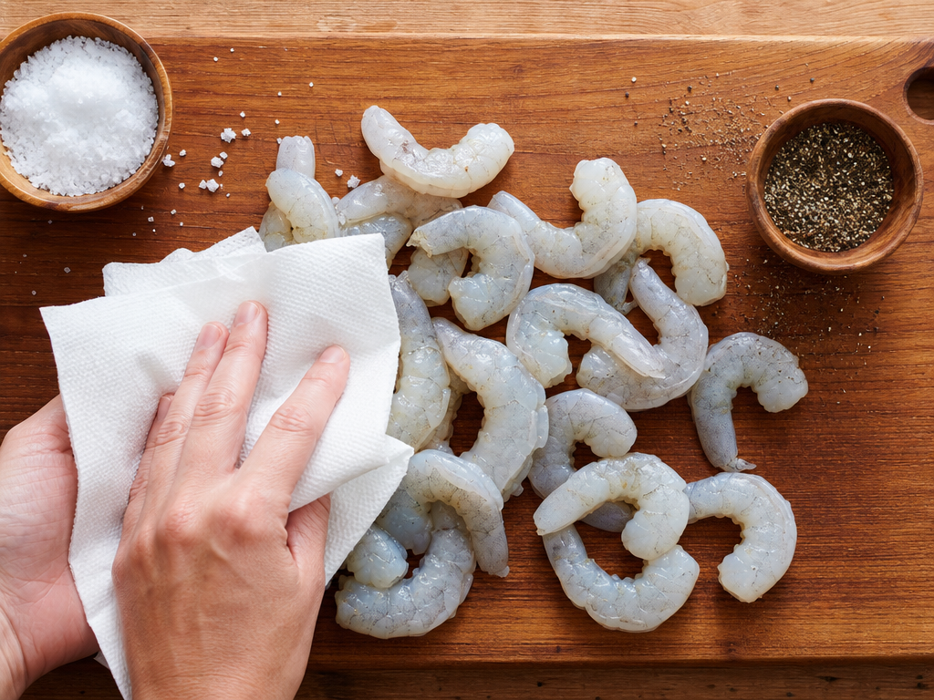 Seasoned raw shrimp on cutting board
