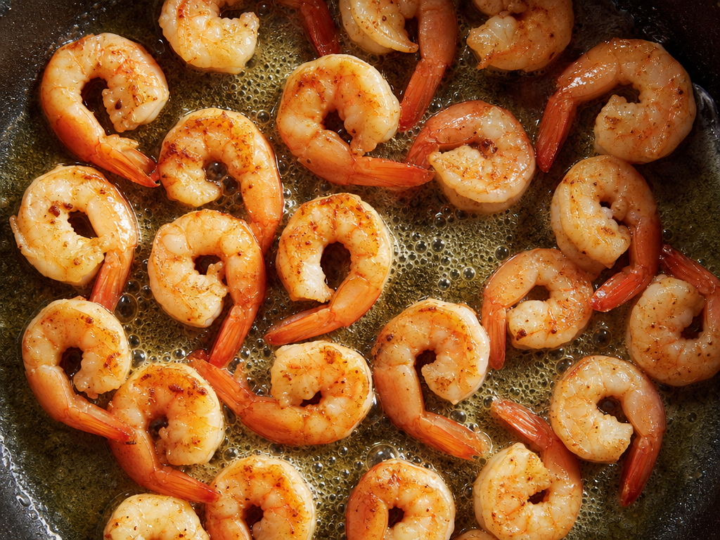 Searing shrimp in skillet until pink