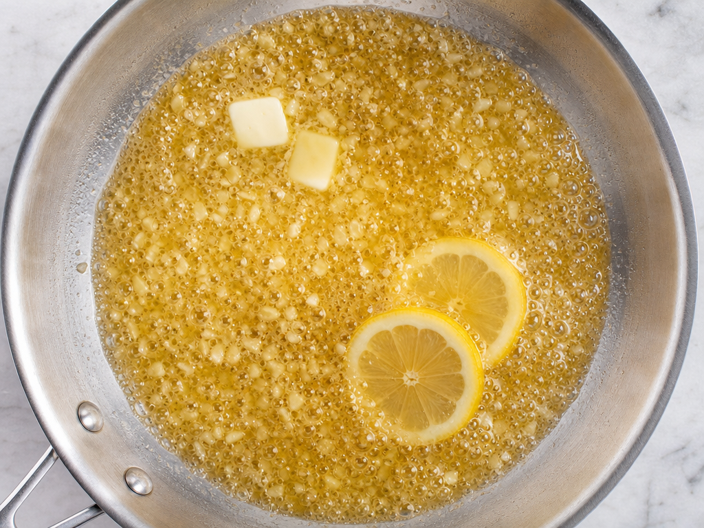 Simmering wine and lemon juice in skillet
