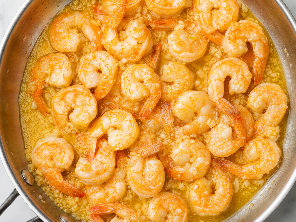 Shrimp coated in garlic butter sauce