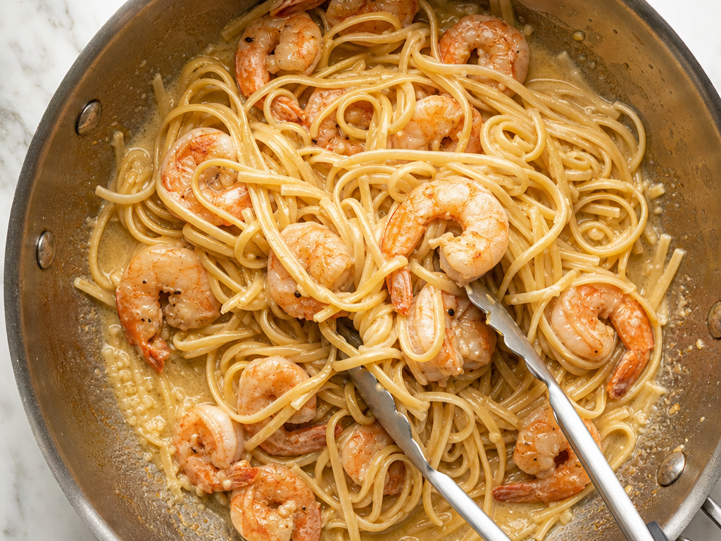 Tossing pasta with shrimp scampi sauce