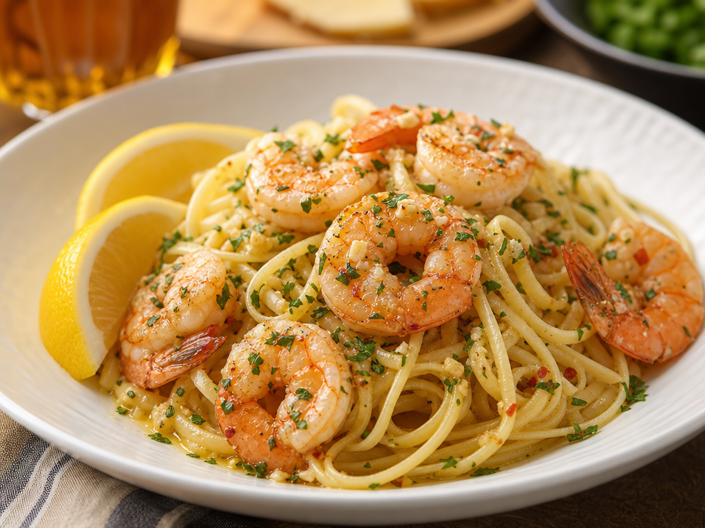 Finished shrimp scampi pasta with lemon and parsley