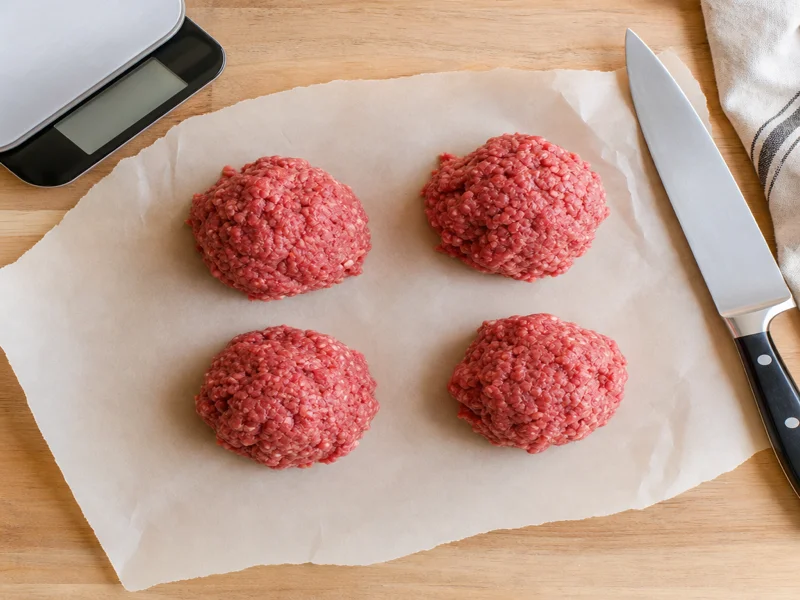 Four loose ground beef balls on parchment paper, loosely shaped and not packed