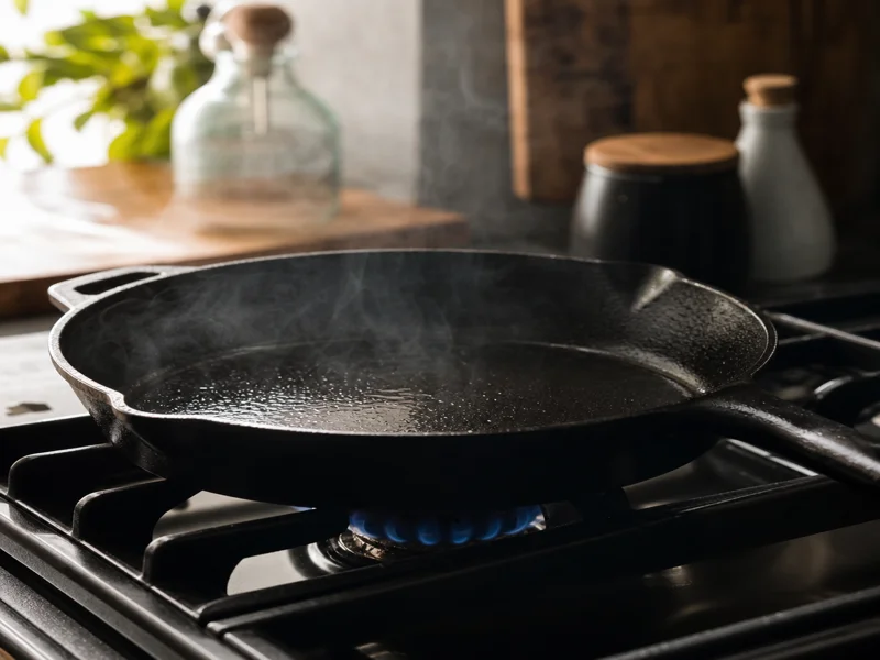 Smoking hot cast-iron skillet with a thin film of oil shimmering on the surface