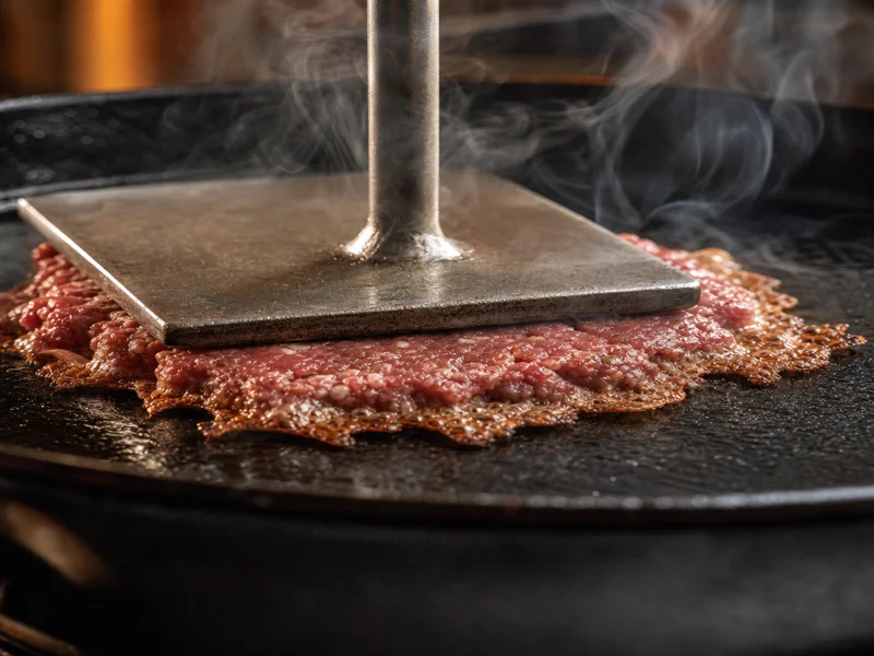 Pressing a ground beef ball flat with a metal spatula on a cast-iron skillet, thin patty with lacy edges forming