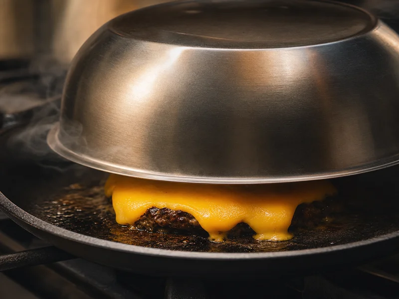 American cheese melting over a smash burger patty covered with a metal bowl on a skillet