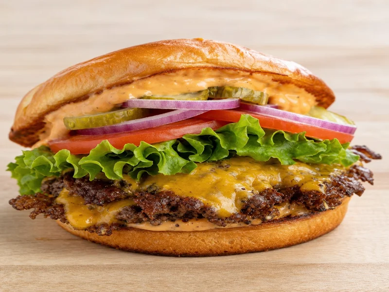 Assembled smash burger on a toasted brioche bun with melted cheese, lettuce, tomato, pickles, and red onion