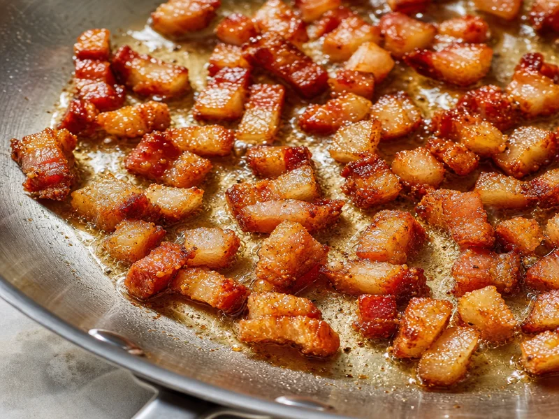 Diced guanciale frying golden and crispy in a skillet