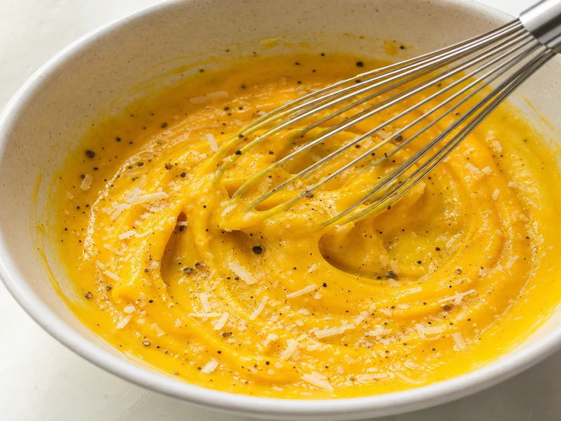 Whisking egg yolks, cheese and pepper into a thick paste