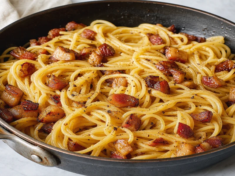Hot spaghetti tossed with crispy guanciale and its rendered fat