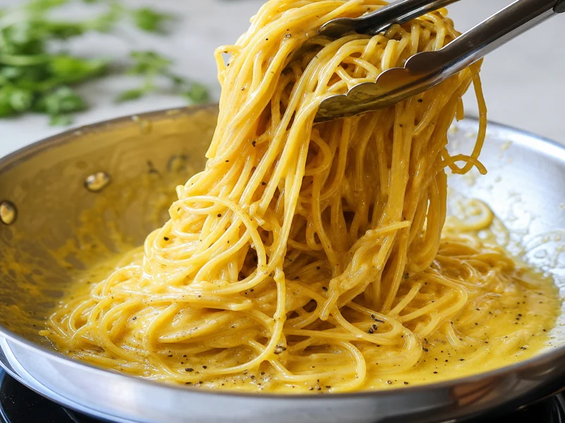 Tossing spaghetti with the egg and cheese mixture into a glossy sauce