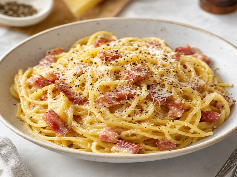 Finished spaghetti carbonara served with extra cheese and black pepper