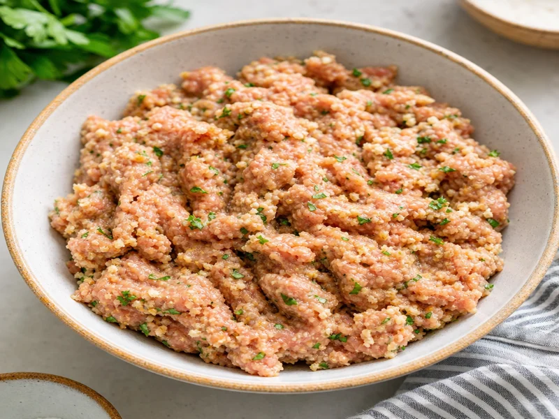 Ground turkey mixed with breadcrumb, egg, cheese and seasonings in a bowl