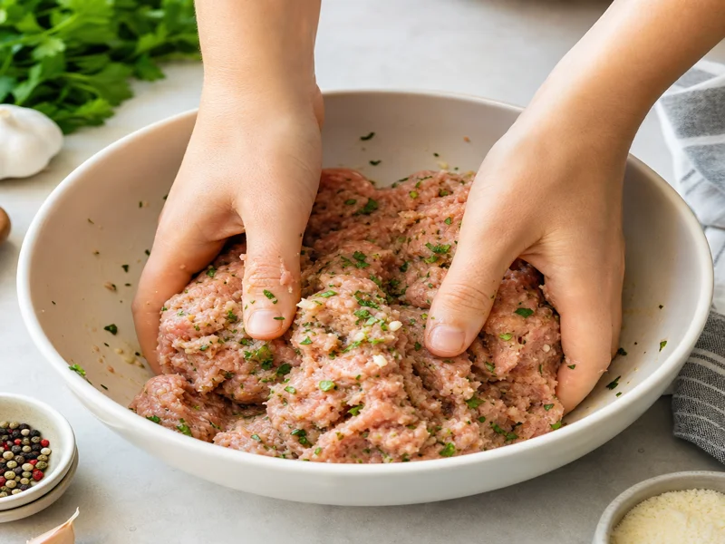 Hands gently mixing the turkey meatball mixture