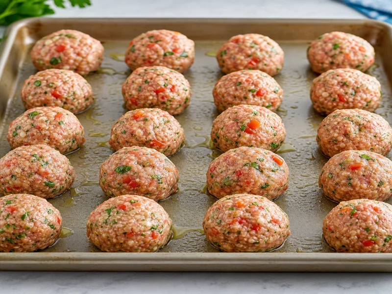 Shaped turkey meatballs arranged on an oiled baking sheet