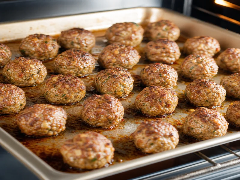 Meatballs baking golden in the oven on a baking sheet