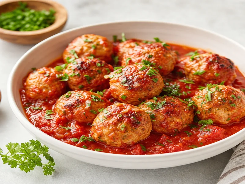 Finished baked turkey meatballs served with marinara sauce