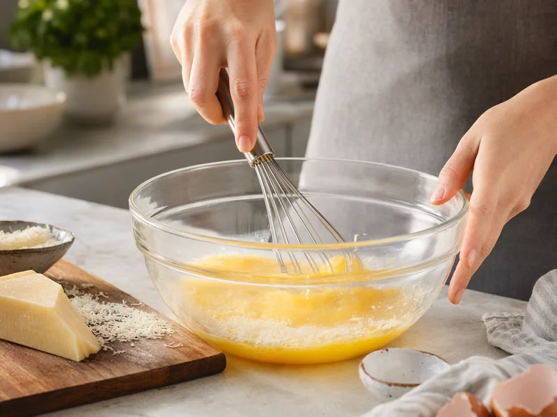 Sbattendo le uova con sale e parmigiano in una grande ciotola