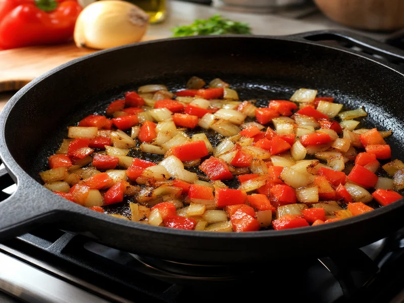 Saltando cipolla e peperone rosso a cubetti in olio d’oliva in una padella di ghisa