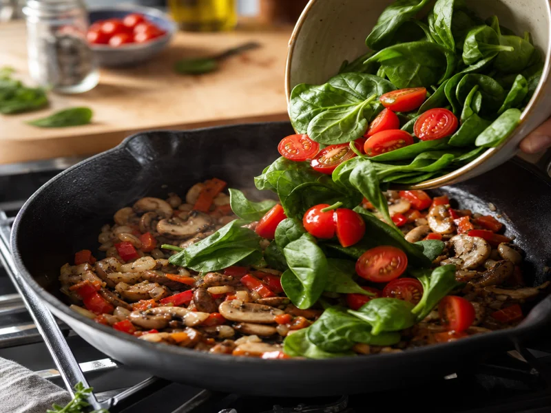 Aggiungendo zucchine, aglio e spinaci alle verdure nella padella