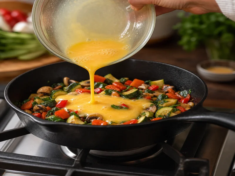 Versando le uova sbattute sulle verdure saltate nella padella di ghisa