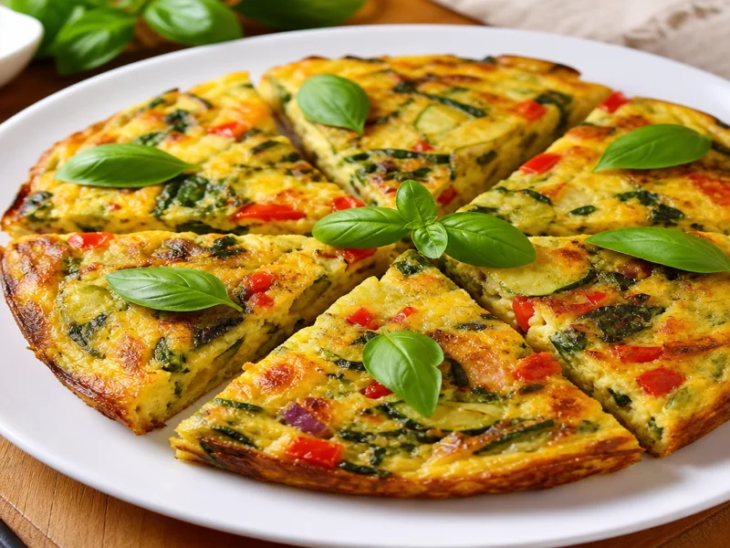 Frittata di verdure finita guarnita con basilico fresco e tagliata a spicchi