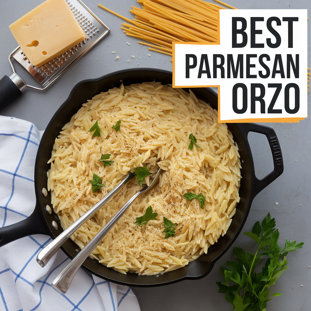 creamy garlic parmesan orzo in a cast iron skillet