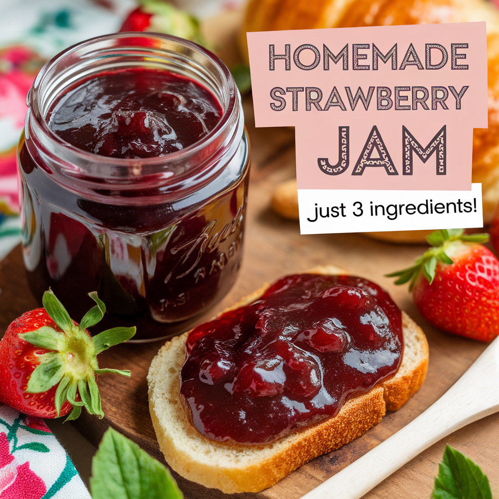strawberry jam in a jar with fresh strawberries around it and bread on the side