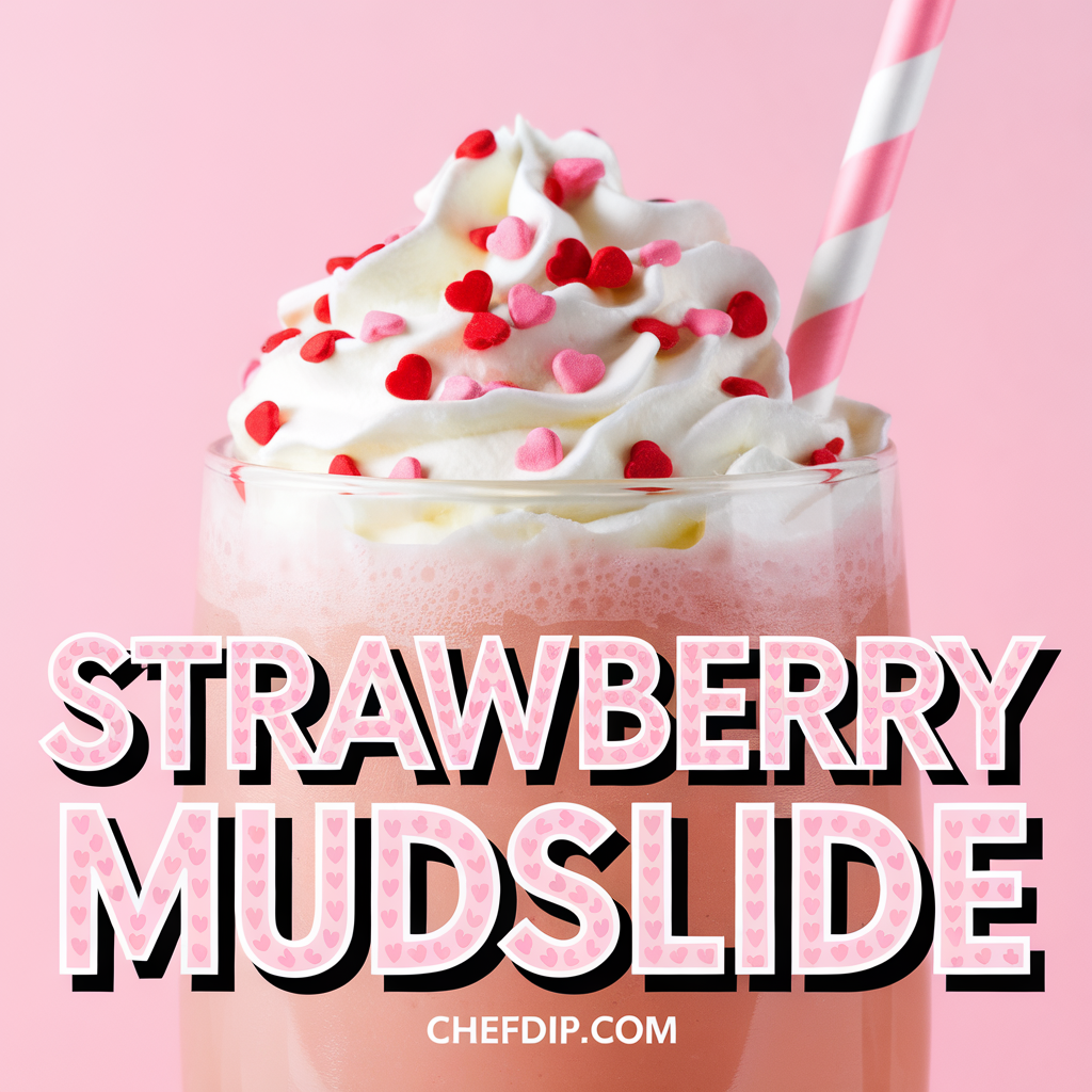 A glass filled with a pinkish beverage, topped with a generous dollop of white whipped cream and sprinkled with red and pink heart-shaped sprinkles,STRAWBERRY MUDSLIDE