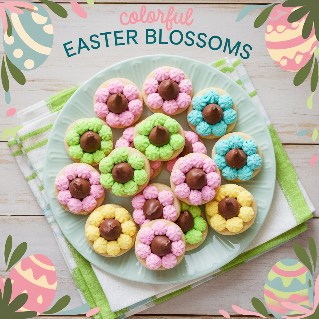 colorful easter blossom cookies on a white plate with chocolate in the middle and text overlay