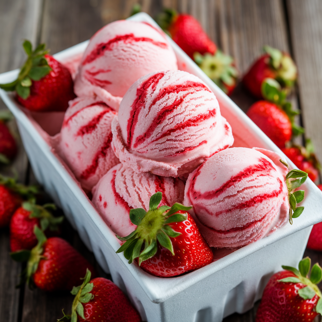 strawberry vanilla ice cream in a white bowl