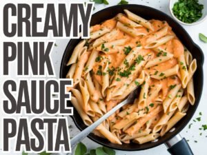 creamy chicken bacon ranch pasta in a cast iron skillet with text overlay that says creamy chicken bacon ranch pasta