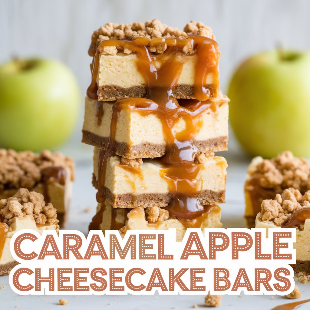 caramel apple cheesecake bars stacked on top of each other
