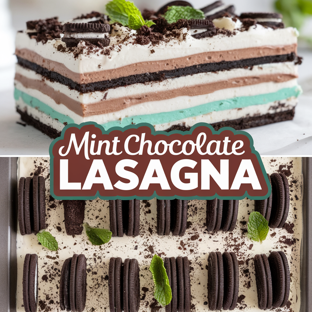 mint chocolate lasagna dessert with oreo cookies on top and the title overlay reads mint chocolate lasagna