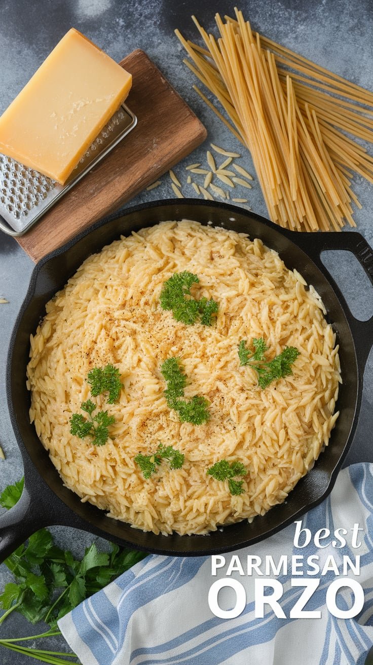  creamy garlic parmesan orzo in a cast iron skillet