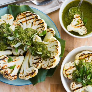 Cauliflower Steaks with Chimichurri Sauce – golden roasted cauliflower steaks topped with vibrant, herby chimichurri sauce, perfect for a healthy and flavorful plant-based meal.