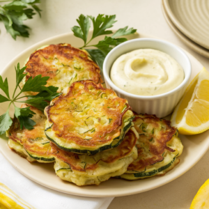 Crispy Parmesan Zucchini Fritters with Lemon Aioli, golden and cheesy fritters served with a tangy dipping sauce, perfect for appetizers or snacks.