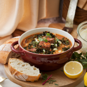 Delicious bowl of Spicy Sausage and Kale Soup with vibrant green kale, chunks of flavorful sausage, and aromatic spices in a rich, steaming broth. Perfect for cozy dinners or meal prep.