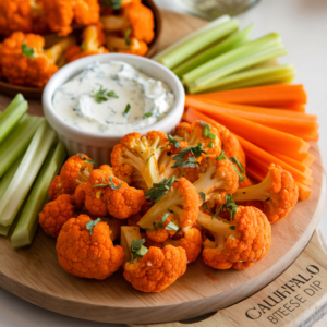 Buffalo Cauliflower Bites with Blue Cheese Dip – crispy, spicy cauliflower florets coated in buffalo sauce and served with a creamy blue cheese dip, perfect for game day or healthy snacking.