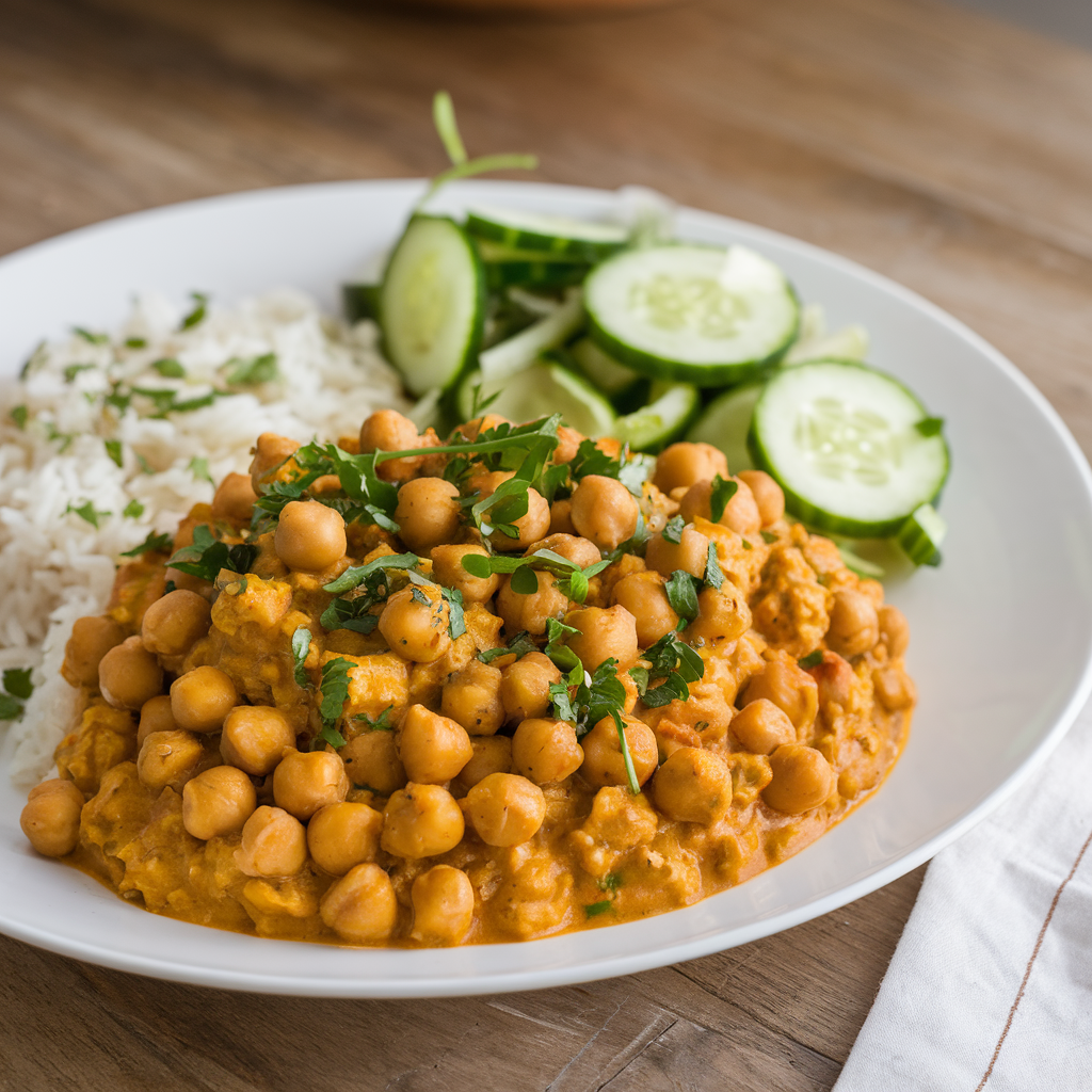 A vibrant bowl of Vegan Chickpea Curry with Coconut Milk, featuring creamy coconut broth, tender chickpeas, and colorful vegetables like bell peppers and sweet potatoes. Garnished with fresh cilantro and served with steamed rice, this plant-based dish is perfect for healthy dinners and meal prep.