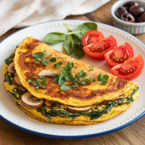 Chickpea Flour Omelette with Spinach & Mushrooms – a golden, gluten-free omelette filled with fresh spinach and savory mushrooms, perfect for a healthy breakfast or brunch.