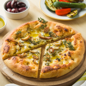 Herb-Infused Olive Oil Flatbread with Roasted Garlic – a golden, crispy flatbread topped with fragrant herbs and sweet roasted garlic, perfect for appetizers or Mediterranean-inspired meals.