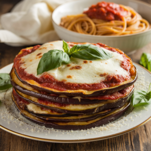 Eggplant Parmesan Stacks with Fresh Basil – golden roasted eggplant slices layered with marinara sauce, melted cheese, and fresh basil, perfect for a healthy and flavorful Italian-inspired dish.