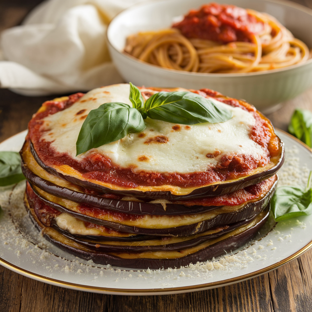 Eggplant Parmesan Stacks with Fresh Basil – golden roasted eggplant slices layered with marinara sauce, melted cheese, and fresh basil, perfect for a healthy and flavorful Italian-inspired dish.