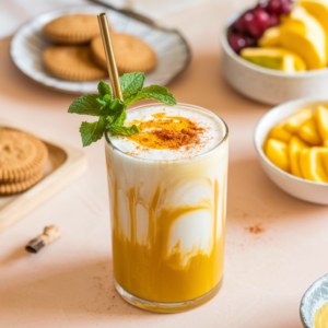 Turmeric Ginger Golden Milk Latte – a creamy, golden-hued drink made with anti-inflammatory turmeric, zesty ginger, and plant-based milk, perfect for wellness and relaxation."