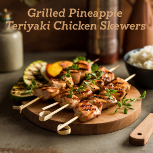 Golden-brown grilled skewers featuring juicy chicken, caramelized pineapple, and colorful bell peppers.